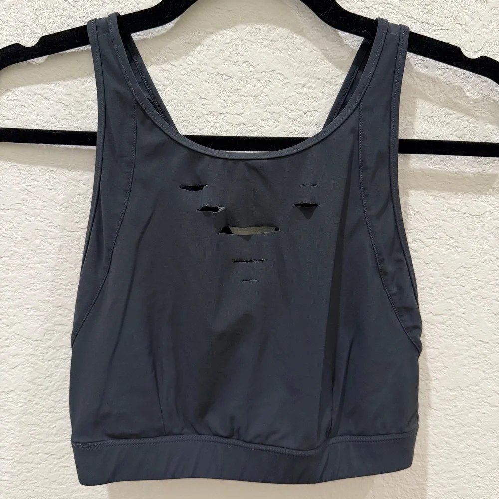 Alo Yoga Laser Cut Distressed Cross Back Sports Bra Black Womens Size S